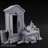 Curtain-Draped Merchant Vanity Miniature for Dungeons and Dragons, Pathfinder or other TTRPGs