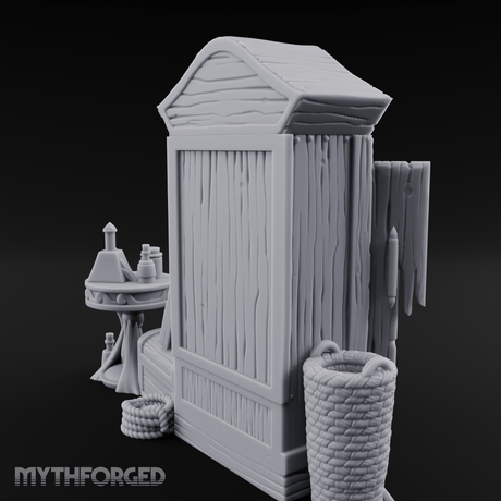 Curtain-Draped Merchant Vanity Miniature for Dungeons and Dragons, Pathfinder or other TTRPGs