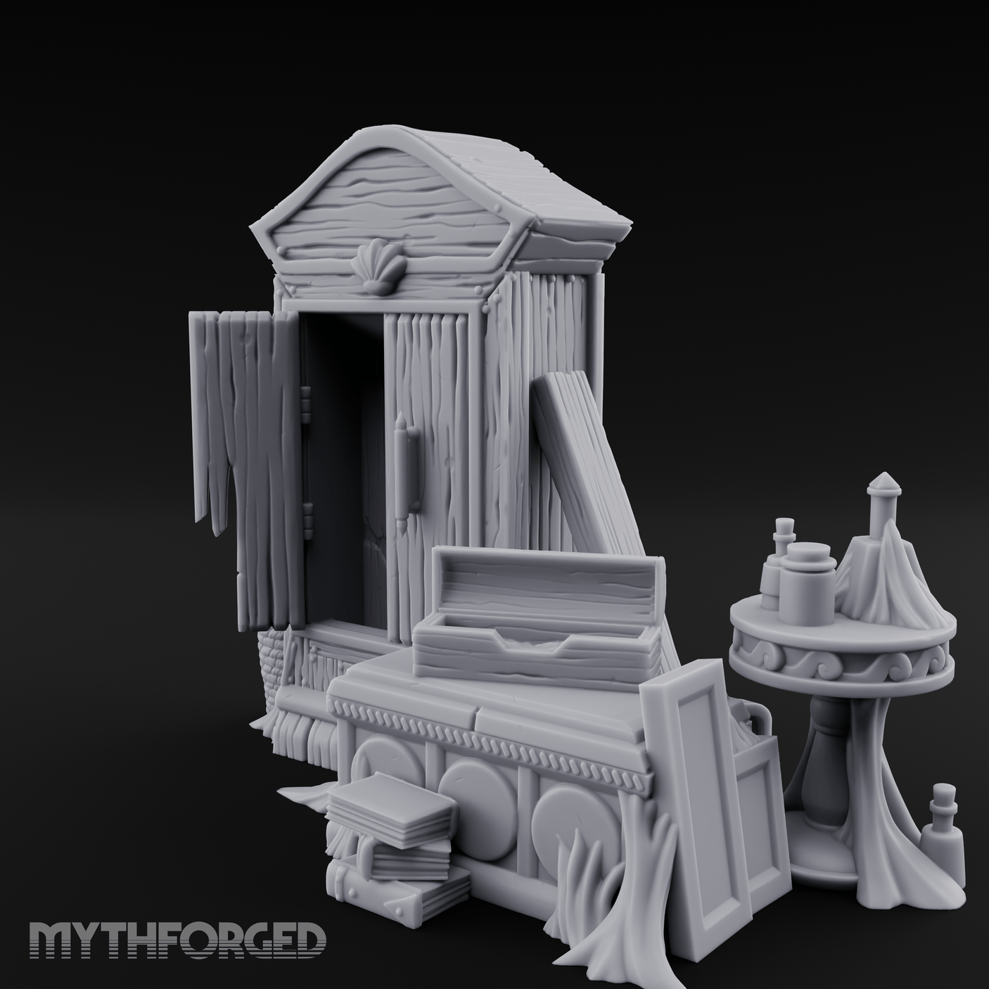 Curtain-Draped Merchant Vanity Miniature for Dungeons and Dragons, Pathfinder or other TTRPGs