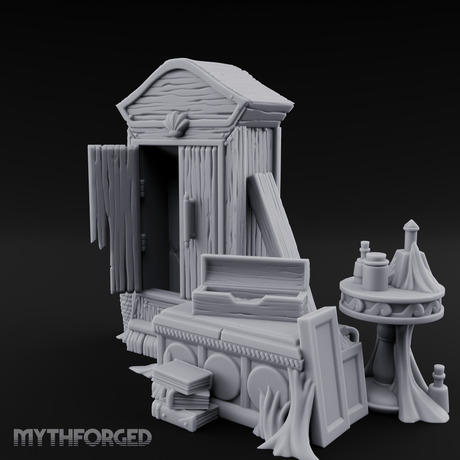 Curtain-Draped Merchant Vanity Miniature for Dungeons and Dragons, Pathfinder or other TTRPGs