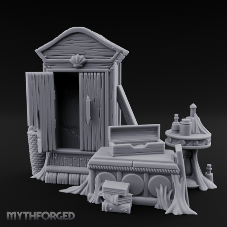 Curtain-Draped Merchant Vanity Miniature for Dungeons and Dragons, Pathfinder or other TTRPGs