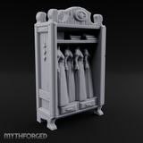 Mannequin-Dressed Tailor's Display Cabinet Miniature for Dungeons and Dragons, Pathfinder or other TTRPGs