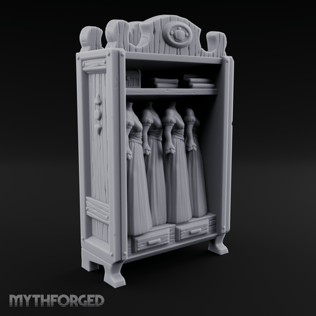Mannequin-Dressed Tailor's Display Cabinet Miniature for Dungeons and Dragons, Pathfinder or other TTRPGs