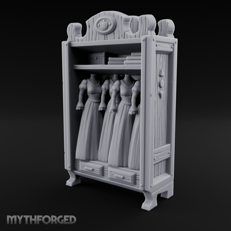 Mannequin-Dressed Tailor's Display Cabinet Miniature for Dungeons and Dragons, Pathfinder or other TTRPGs