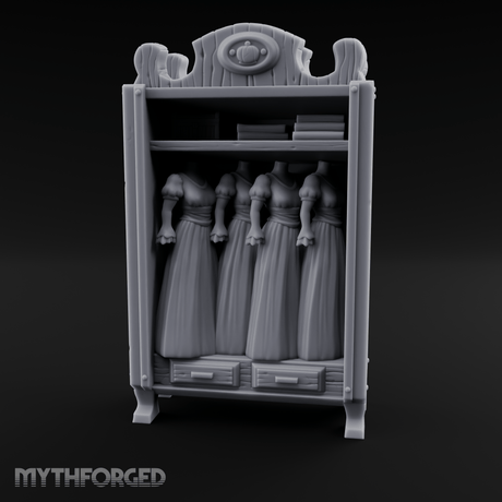 Mannequin-Dressed Tailor's Display Cabinet Miniature for Dungeons and Dragons, Pathfinder or other TTRPGs