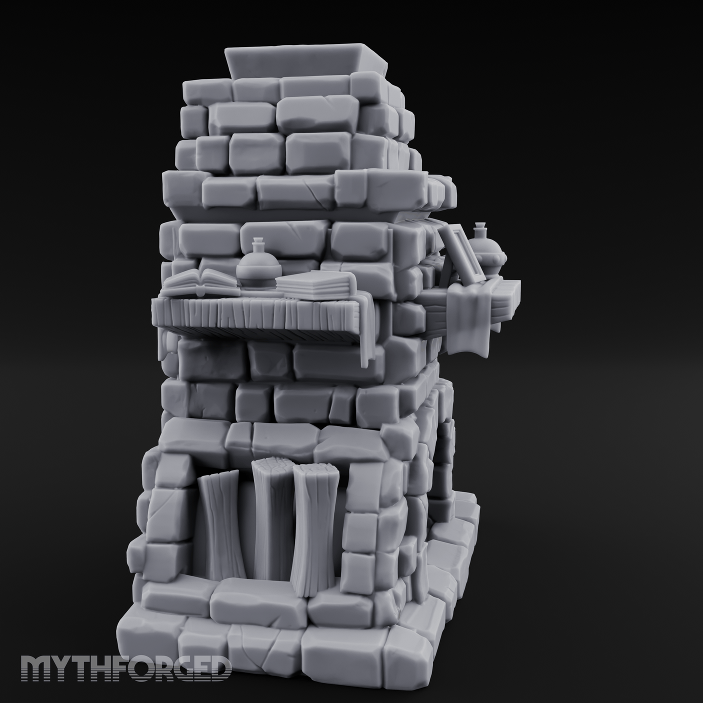 Book-Cluttered Stone Hearth Fireplace Miniature for Dungeons and Dragons, Pathfinder or other TTRPGs