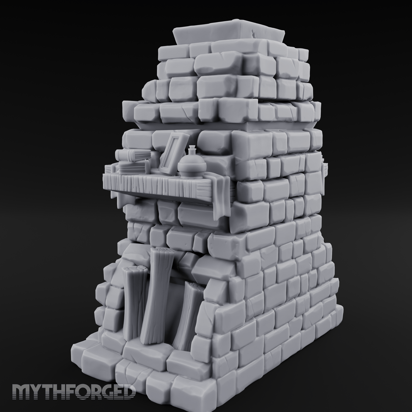 Book-Cluttered Stone Hearth Fireplace Miniature for Dungeons and Dragons, Pathfinder or other TTRPGs