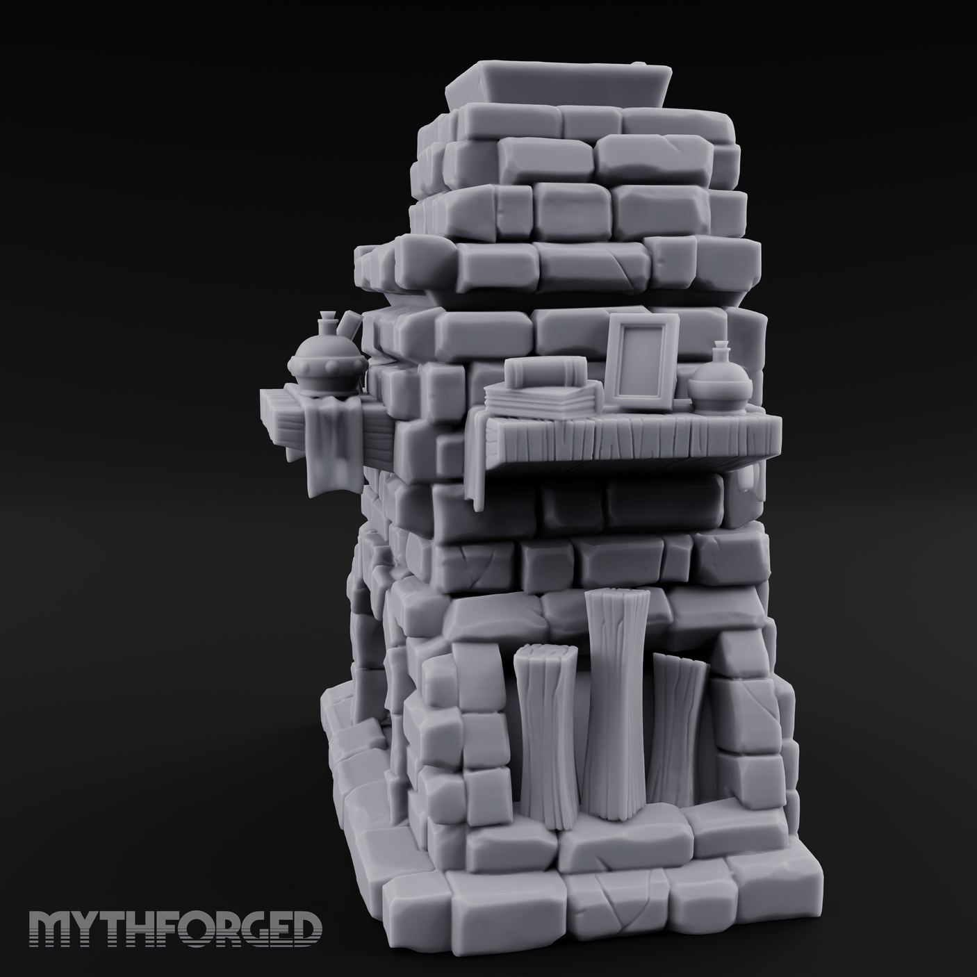 Book-Cluttered Stone Hearth Fireplace Miniature for Dungeons and Dragons, Pathfinder or other TTRPGs