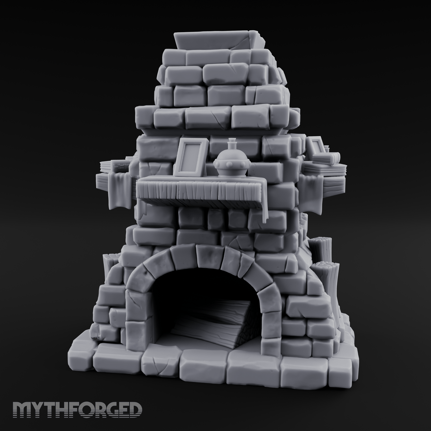 Book-Cluttered Stone Hearth Fireplace Miniature for Dungeons and Dragons, Pathfinder or other TTRPGs