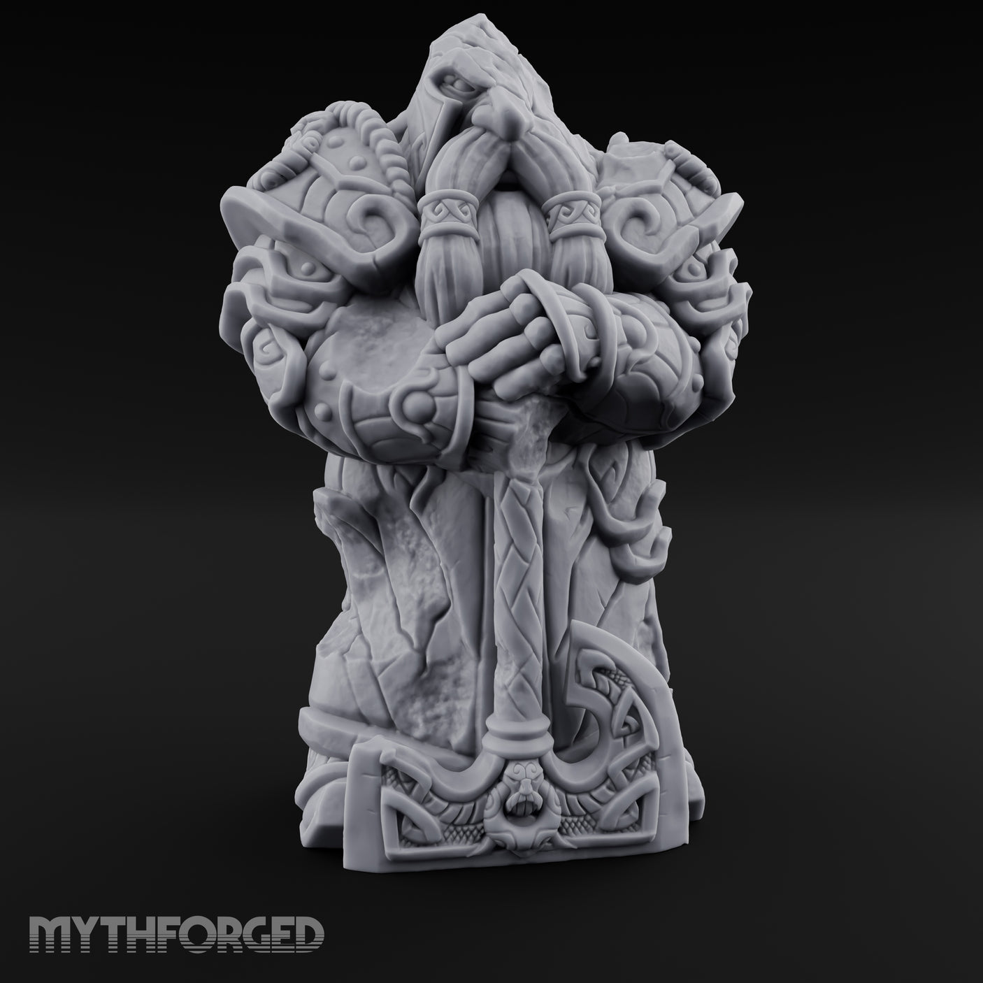 Sword-Planted Knotwork-Carved Dwarf Ancestor Monolith Miniature for Dungeons and Dragons, Pathfinder or other TTRPGs