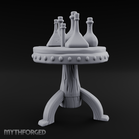 Potion-Laden Alchemist's Pedestal Table Miniature for Dungeons and Dragons, Pathfinder or other TTRPGs