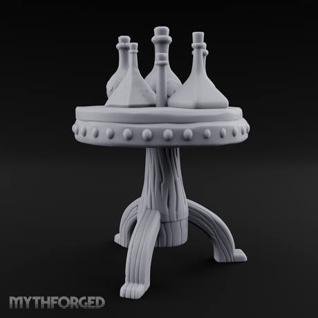 Potion-Laden Alchemist's Pedestal Table Miniature for Dungeons and Dragons, Pathfinder or other TTRPGs
