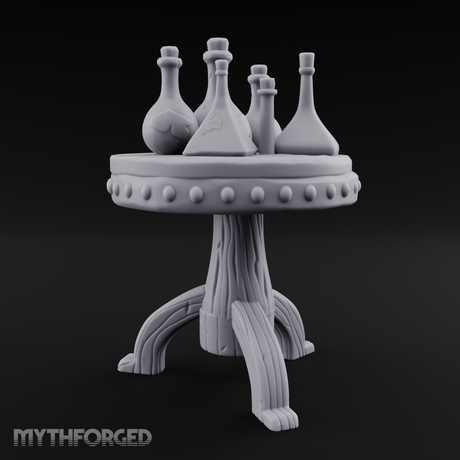Potion-Laden Alchemist's Pedestal Table Miniature for Dungeons and Dragons, Pathfinder or other TTRPGs