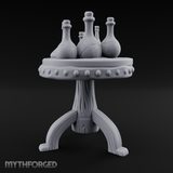 Potion-Laden Alchemist's Pedestal Table Miniature for Dungeons and Dragons, Pathfinder or other TTRPGs