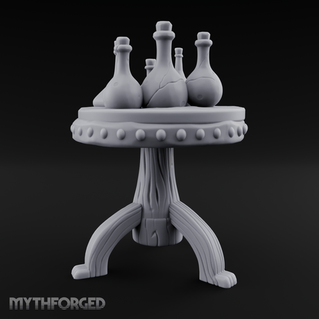 Potion-Laden Alchemist's Pedestal Table Miniature for Dungeons and Dragons, Pathfinder or other TTRPGs