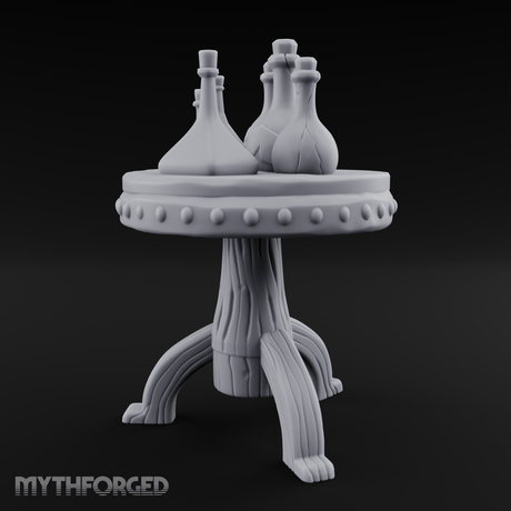 Potion-Laden Alchemist's Pedestal Table Miniature for Dungeons and Dragons, Pathfinder or other TTRPGs