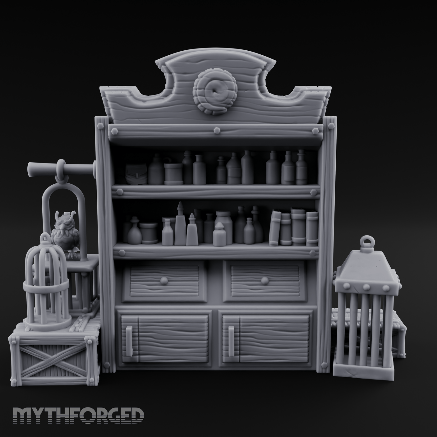Well-Stocked Apothecary Shelf And Cages Miniature for Dungeons and Dragons, Pathfinder or other TTRPGs