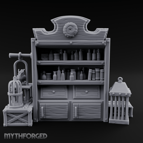 Well-Stocked Apothecary Shelf And Cages Miniature for Dungeons and Dragons, Pathfinder or other TTRPGs
