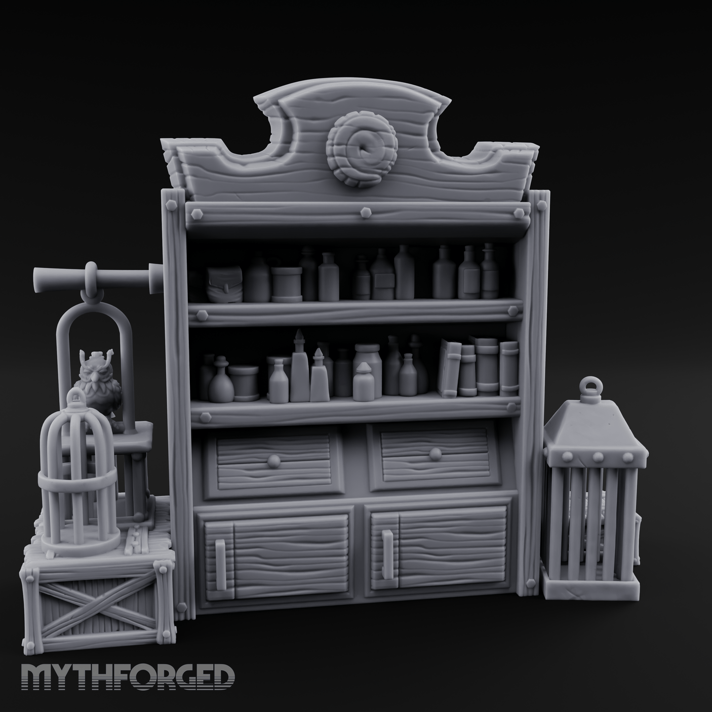 Well-Stocked Apothecary Shelf And Cages Miniature for Dungeons and Dragons, Pathfinder or other TTRPGs