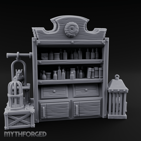 Well-Stocked Apothecary Shelf And Cages Miniature for Dungeons and Dragons, Pathfinder or other TTRPGs