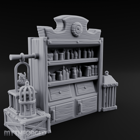 Well-Stocked Apothecary Shelf And Cages Miniature for Dungeons and Dragons, Pathfinder or other TTRPGs