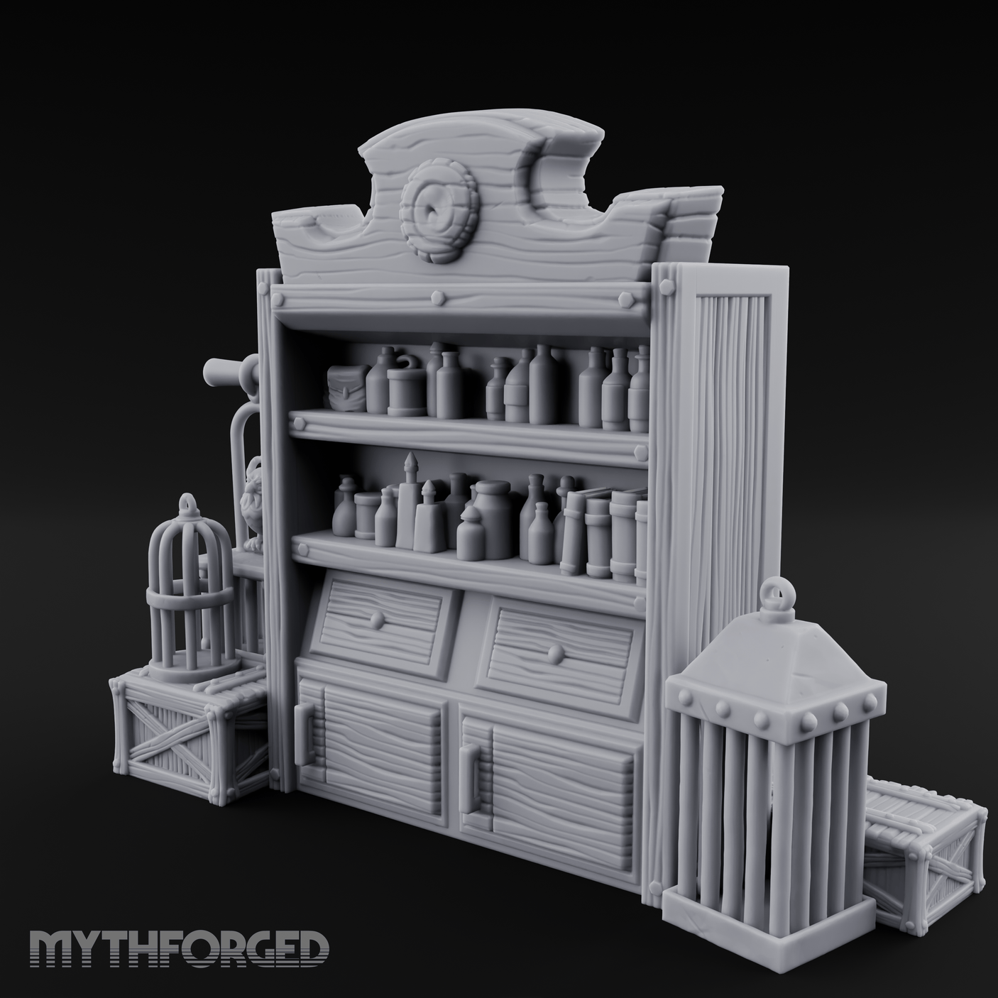 Well-Stocked Apothecary Shelf And Cages Miniature for Dungeons and Dragons, Pathfinder or other TTRPGs