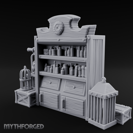 Well-Stocked Apothecary Shelf And Cages Miniature for Dungeons and Dragons, Pathfinder or other TTRPGs