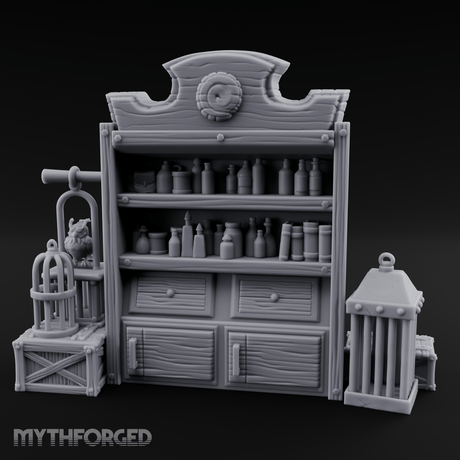 Well-Stocked Apothecary Shelf And Cages Miniature for Dungeons and Dragons, Pathfinder or other TTRPGs