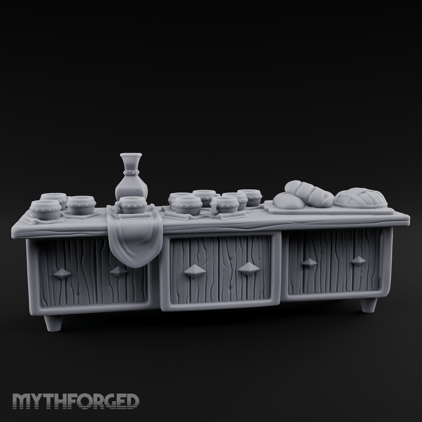 Feast-Laden Tavern Serving Counter Miniature for Dungeons and Dragons, Pathfinder or other TTRPGs