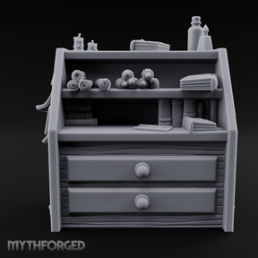 Supply-Stocked Merchant's Shelf Cabinet Miniature for Dungeons and Dragons, Pathfinder or other TTRPGs