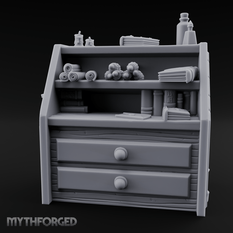 Supply-Stocked Merchant's Shelf Cabinet Miniature for Dungeons and Dragons, Pathfinder or other TTRPGs