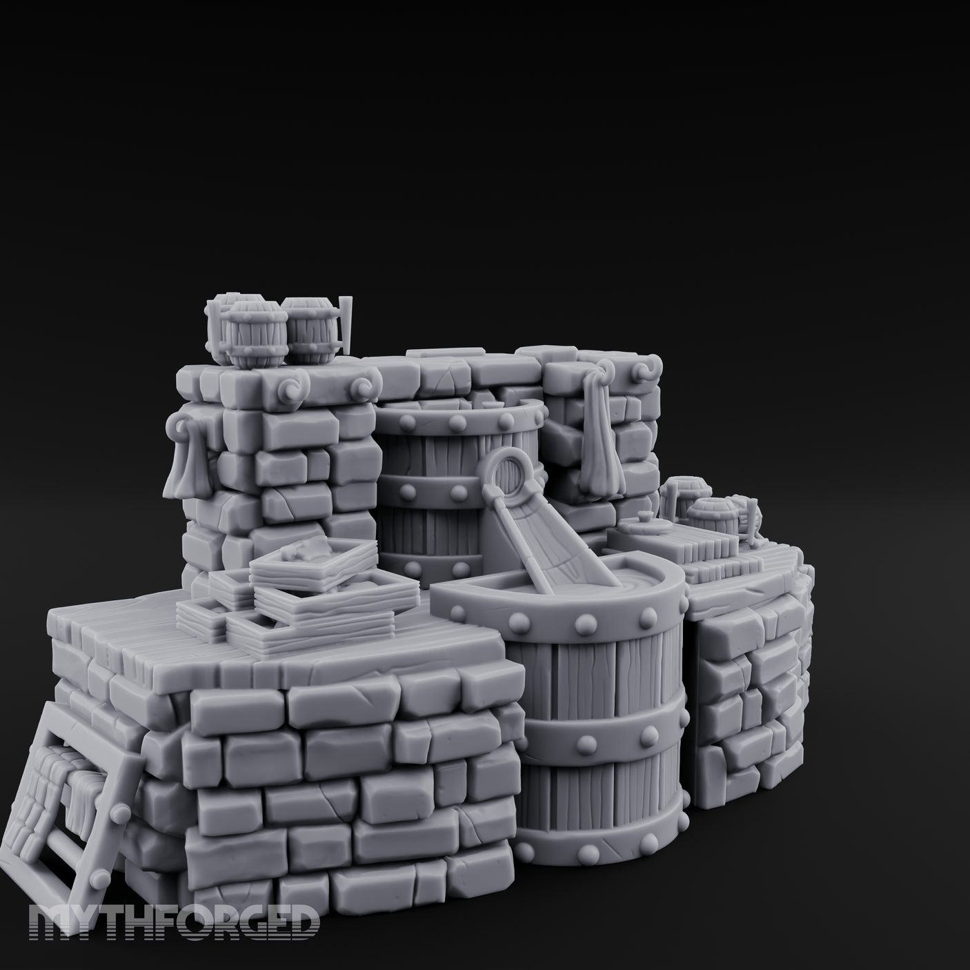 Barrel-Stacked Stone Brewery Washhouse Miniature for Dungeons and Dragons, Pathfinder or other TTRPGs