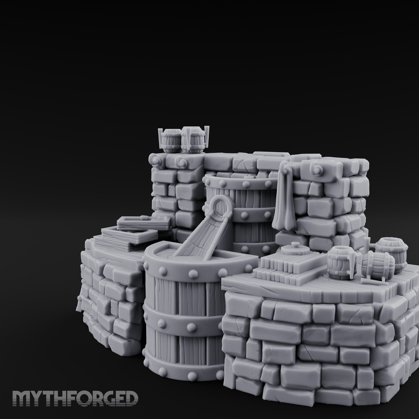 Barrel-Stacked Stone Brewery Washhouse Miniature for Dungeons and Dragons, Pathfinder or other TTRPGs