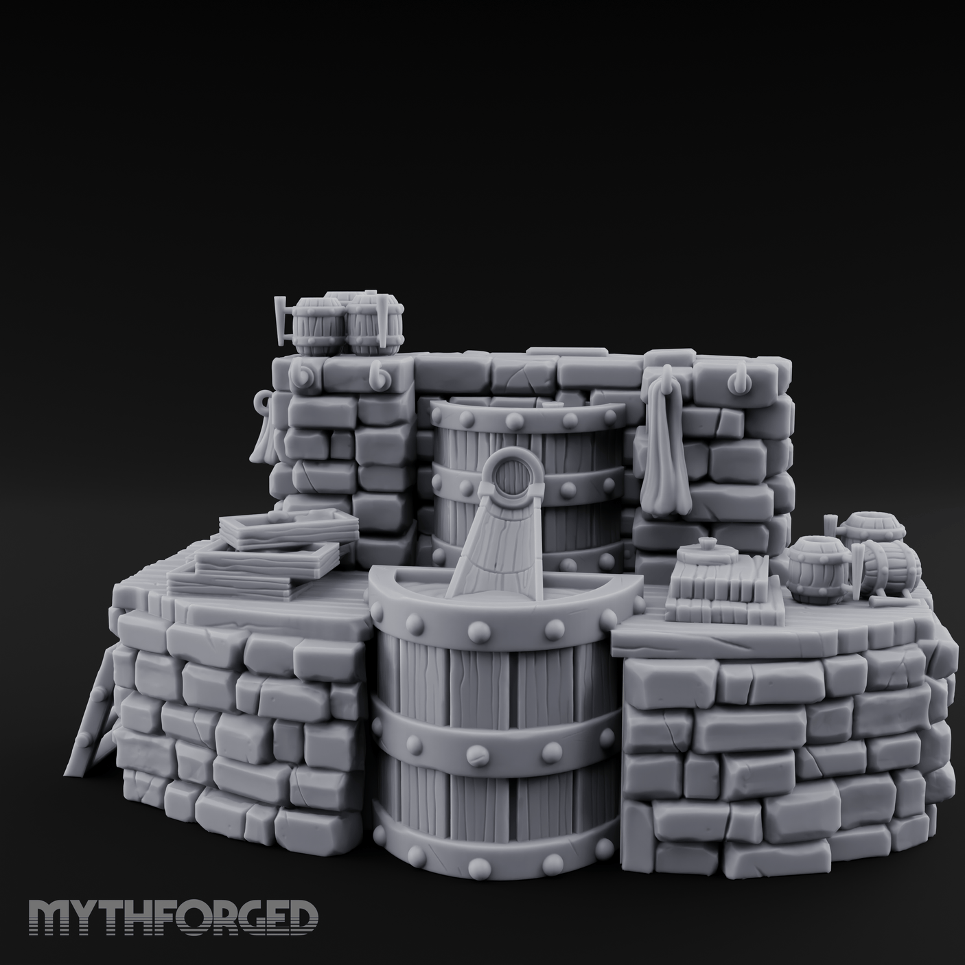 Barrel-Stacked Stone Brewery Washhouse Miniature for Dungeons and Dragons, Pathfinder or other TTRPGs