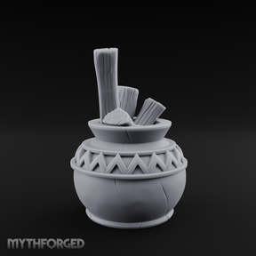 Zigzag-Carved Clay Pot With Firewood Miniature for Dungeons and Dragons, Pathfinder or other TTRPGs