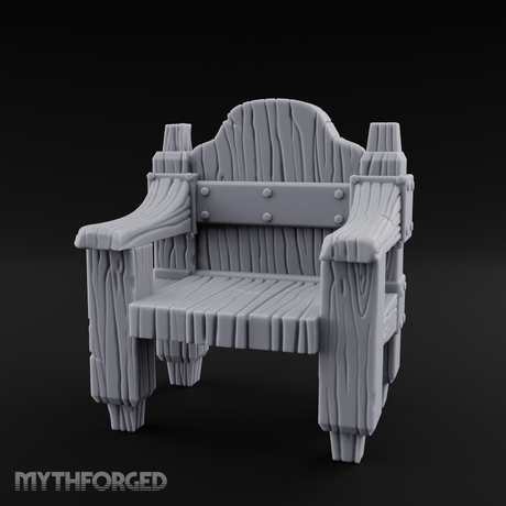Iron-Bolted Rustic Wooden Armchair Miniature for Dungeons and Dragons, Pathfinder or other TTRPGs