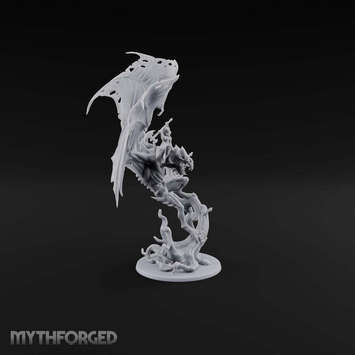 Ragged Wings, Regal Seat Vampire Female Lord on Winged Bat Mount with Axe