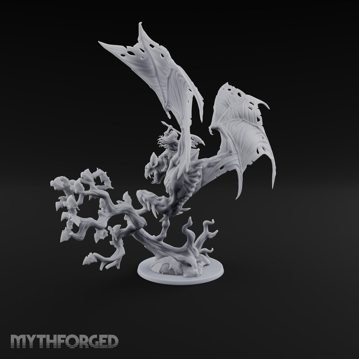 Ragged Wings, Regal Seat Vampire Female Lord on Winged Bat Mount with Axe