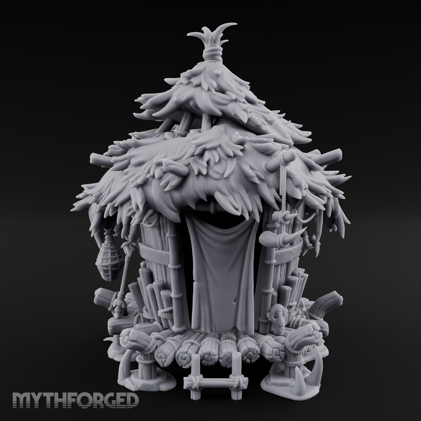 Thatch-Roofed Rope-Cluttered Tribal Bamboo Hut Miniature for Dungeons and Dragons, Pathfinder or other TTRPGs