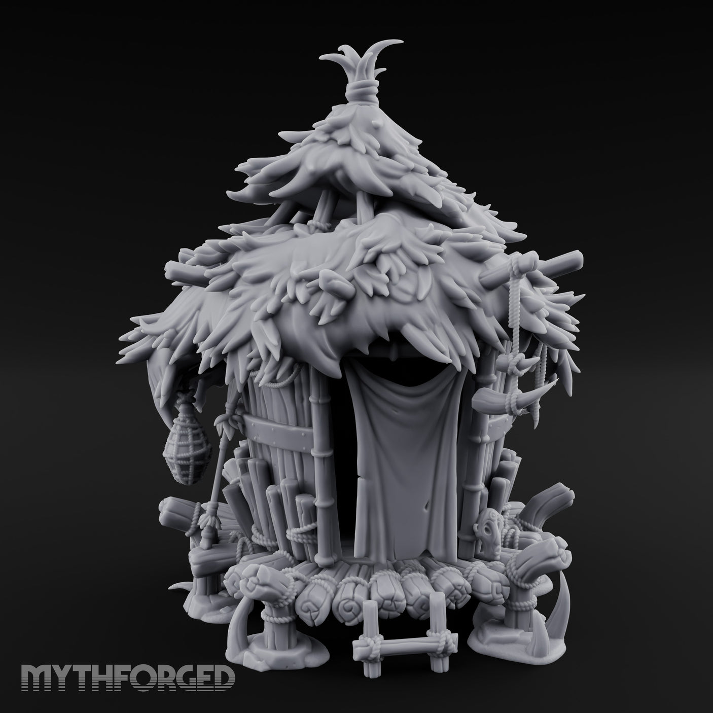 Thatch-Roofed Rope-Cluttered Tribal Bamboo Hut Miniature for Dungeons and Dragons, Pathfinder or other TTRPGs