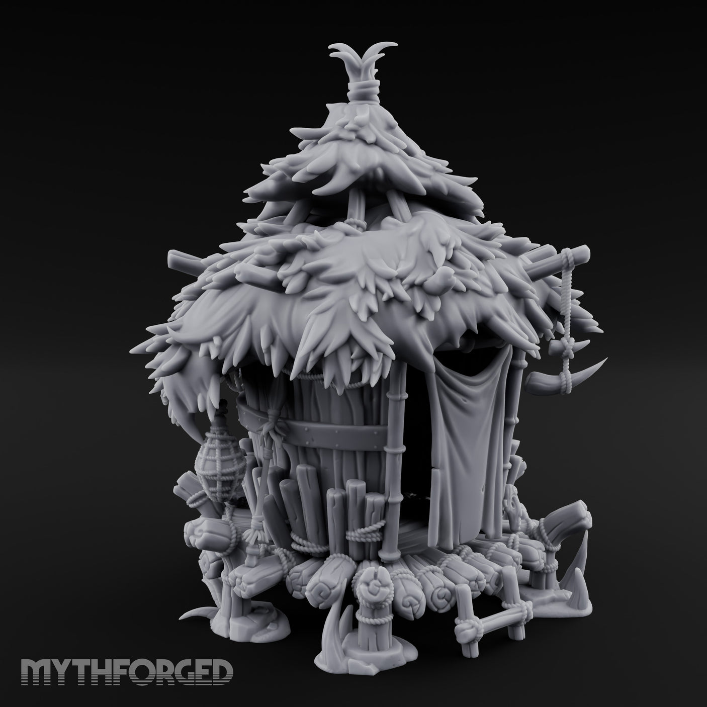 Thatch-Roofed Rope-Cluttered Tribal Bamboo Hut Miniature for Dungeons and Dragons, Pathfinder or other TTRPGs