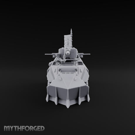 Saber Out, Skull Flying Human Officer and Gas-Masked Crew in Armoured Half-Track with Rotary Cannon — Command Transport with Plow