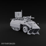 Saber Out, Skull Flying Human Officer and Gas-Masked Crew in Armoured Half-Track with Rotary Cannon — Command Transport with Plow