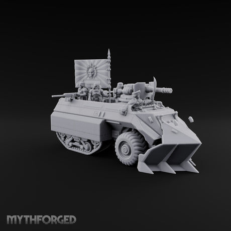 Saber Out, Skull Flying Human Officer and Gas-Masked Crew in Armoured Half-Track with Rotary Cannon — Command Transport with Plow