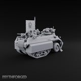 Saber Out, Skull Flying Human Officer and Gas-Masked Crew in Armoured Half-Track with Rotary Cannon — Command Transport with Plow