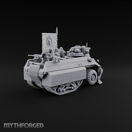 Saber Out, Skull Flying Human Officer and Gas-Masked Crew in Armoured Half-Track with Rotary Cannon — Command Transport with Plow