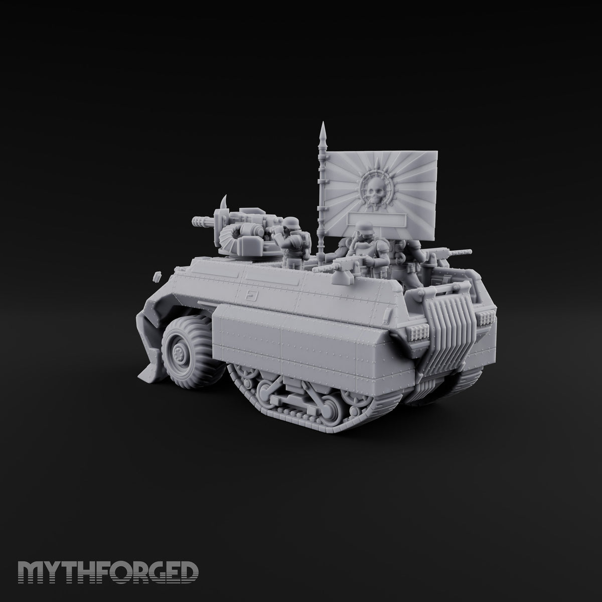 Saber Out, Skull Flying Human Officer and Gas-Masked Crew in Armoured Half-Track with Rotary Cannon — Command Transport with Plow