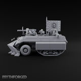 Saber Out, Skull Flying Human Officer and Gas-Masked Crew in Armoured Half-Track with Rotary Cannon — Command Transport with Plow