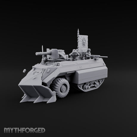 Saber Out, Skull Flying Human Officer and Gas-Masked Crew in Armoured Half-Track with Rotary Cannon — Command Transport with Plow