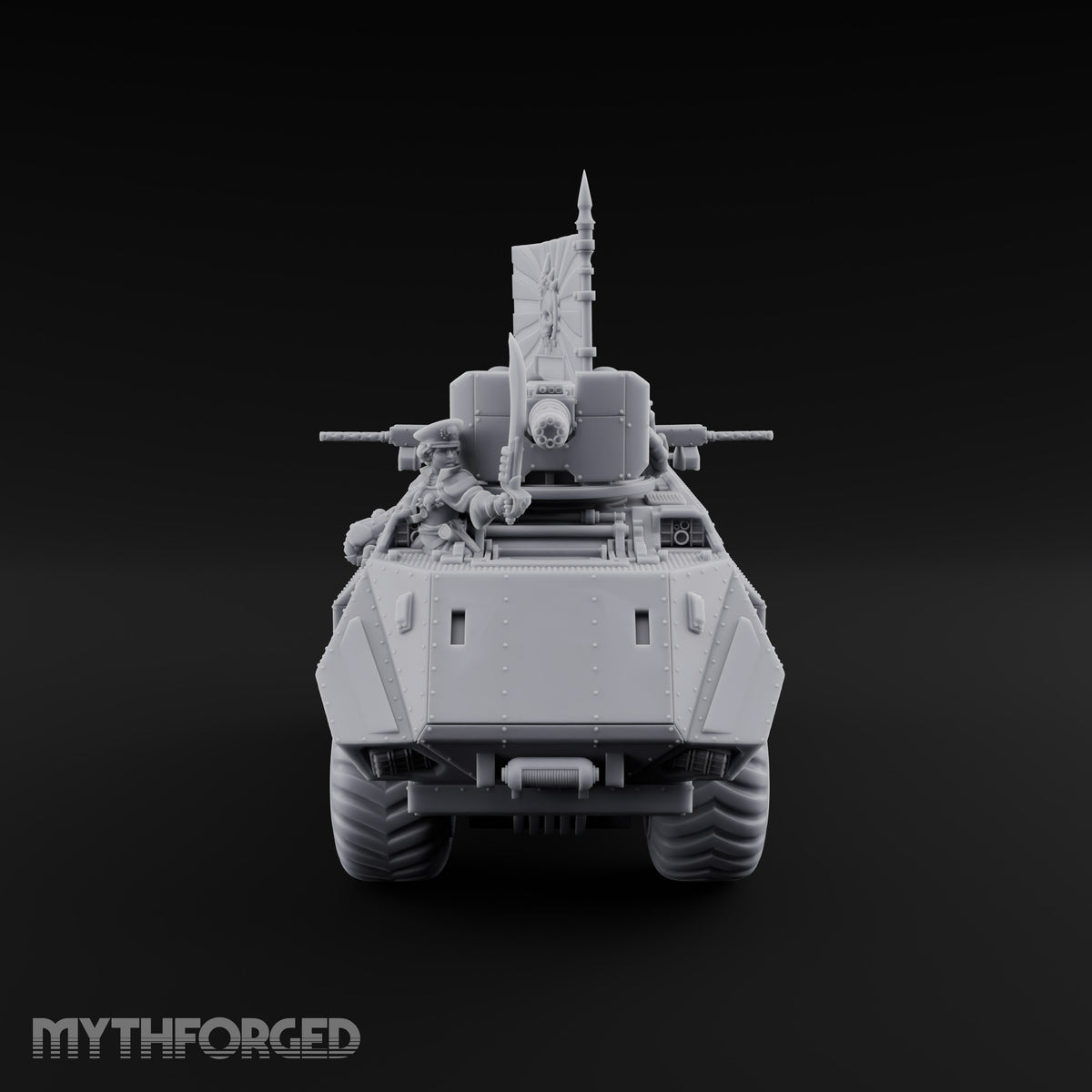 Saber Out, Skull Flying Human Officer and Gas-Masked Crew in Armoured Half-Track with Rotary Cannon — Command Transport